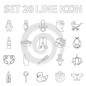 Birth of a baby outline icons in set collection for design. Newborn and accessories vector symbol stock web illustration