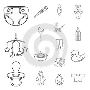Birth of a baby outline icons in set collection for design. Newborn and accessories vector symbol stock web illustration