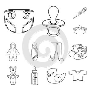 Birth of a baby outline icons in set collection for design. Newborn and accessories vector symbol stock web illustration