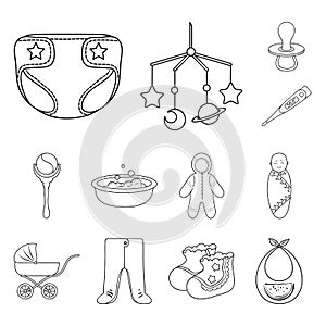 Birth of a baby outline icons in set collection for design. Newborn and accessories vector symbol stock web illustration