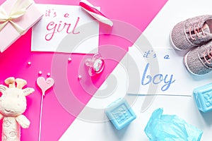 Birth child baby shower concept boy or girl top view