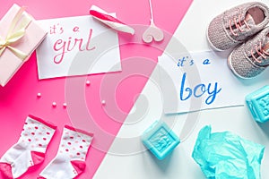 Birth child baby shower concept boy or girl top view