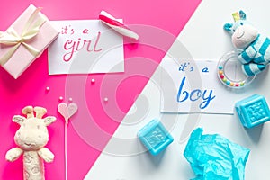 Birth child baby shower concept boy or girl top view