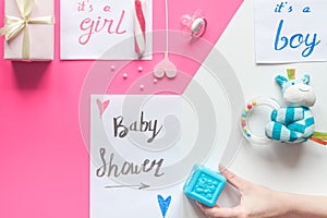 Birth child baby shower concept boy or girl top view