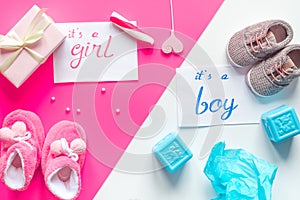 Birth child baby shower concept boy or girl top view