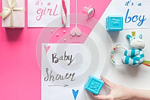 Birth child baby shower concept boy or girl top view