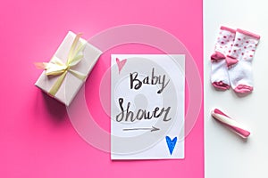 Birth child baby shower concept boy or girl top view