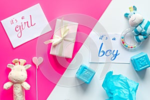 Birth child baby shower concept boy or girl top view