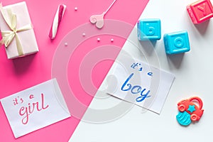 Birth child baby shower concept boy or girl top view