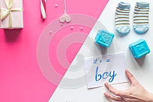 Birth child baby shower concept boy or girl top view