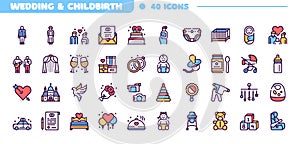 Birth of a child color linear vector icons set.