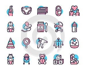 Birth of a child color linear vector icons set. Editable stroke.