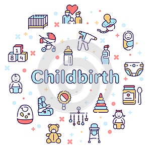 Birth of a child color linear vector icons set. Editable stroke.