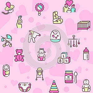 Birth of a child color linear vector icons set. Editable stroke.