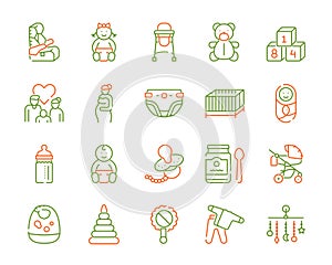 Birth of a child color linear vector icons set. Editable stroke.