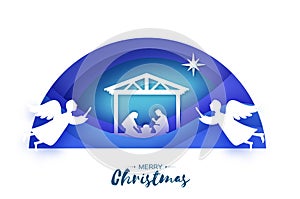 Birth of Christ. Baby Jesus in the manger. Holy Family. Magi. Angels. Star of Bethlehem - east comet. Nativity Christmas