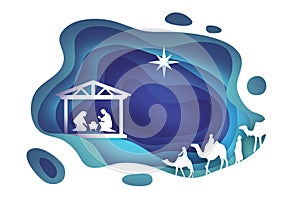 Birth of Christ. Baby Jesus in the manger. Holy Family. Magi. Three wise kings and star of Bethlehem - east comet