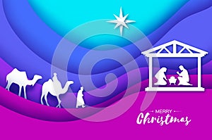 Birth of Christ. Baby Jesus in the manger. Holy Family. Magi. Three wise kings and star of Bethlehem - east comet