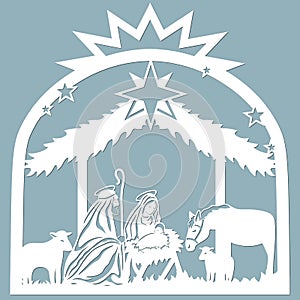 Birth of Christ. Baby Jesus in the manger. Holy Family. Star of Bethlehem - east comet. Merry Christmas card. Template for laser