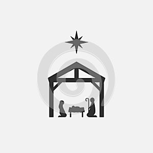 Birth of Christ, Silhouette of Mary, Joseph and Jesus isolated on white background. Vector illustration.