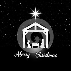 Birth of Christ, Silhouette of Mary, Joseph and Jesus isolated on white background. Vector illustration.