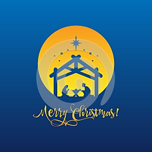 Birth of Christ, Silhouette of Mary, Joseph and Jesus with text Merry Christmas. Vector EPS 10