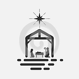 Birth of Christ, Silhouette of Mary, Joseph and Jesus on white background. Vector illustration.