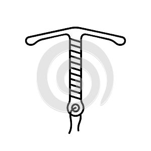 Birth control IUD. Line art icon of copper intrauterine device with strings. Female contraceptive illustration. Contour isolated