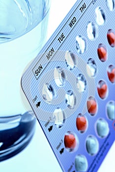 Birth control pills with glass of water