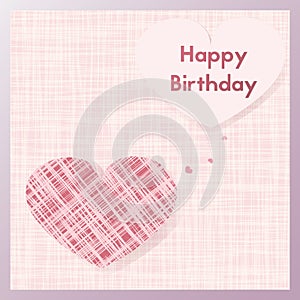 Birth gift greeting card . Postcard textiles in the shape of a heart. Happy birthday.