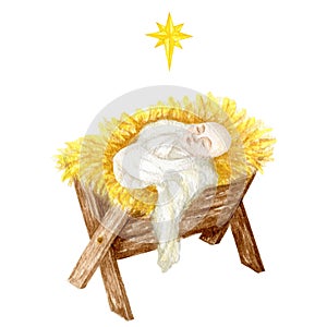 Birth of Jesus Christ. Wooden manger and star of Bethlehem, christmas nativity scene watercolor illustration isolated on