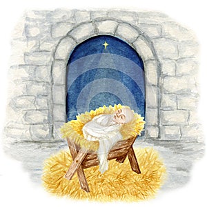 Birth of Jesus Christ. Wooden manger and star of Bethlehem, christmas nativity scene watercolor illustration. Son of God