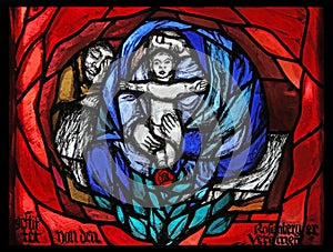 Birth of Jesus, Christmas, detail of stained glass window in St. James church in Hohenberg, Germany
