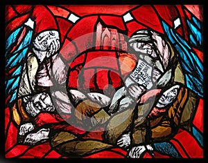 Birth of Jesus, Christmas, detail of stained glass window in St. James church in Hohenberg, Germany