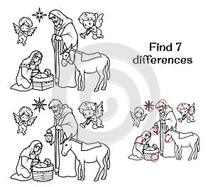 The Birth of Jesus in the Manger. Nativity Scene. Find 7 differences.
