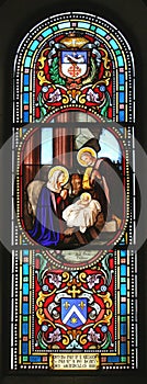 Birth of Jesus, stained glass window in St. Catherine of Alexandria Church in Bethlehem