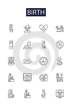 Birth line vector icons and signs. Childbirth, Delivery, Parturition, Nascence, Conception, Beginnings, Genesis, Advent