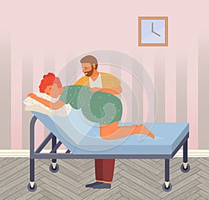 Birth position for pregnant woman, young father help wife to birthing, help during birth pains