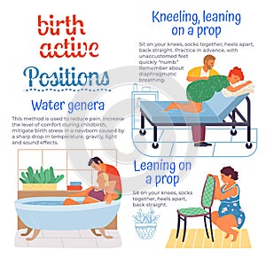 Birth positions for pregnant woman, comfortable posture for birthing, techniques for childbirth