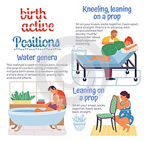 Birth positions for pregnant woman, comfortable posture for birthing, techniques for childbirth photo