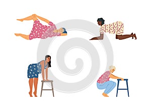 Birth positions set of pregnant parturient women, vector illustration isolated.
