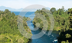 Birth of the Rio Bueno, leaving Lake Ranco. In the region of Los RÃÂ­os, in AraucanÃÂ­a or Patagonia, Chilean Andes. South of Chile photo