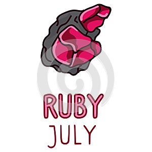 Birth Stone for July Clip Art. Ruby Crystal Mystic Order Precious Rock for Birthday date. Red Treasure.Illustration Doodle in Flat