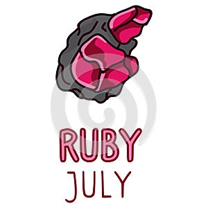 Birth Stone for July Clip Art. Ruby Crystal Mystic Order Precious Rock for Birthday date. Red Treasure.Illustration