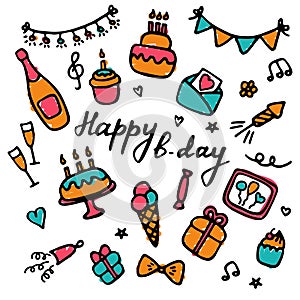 Birthdat party icon set. Hand drawn elements for banner, card, invitation, wrapping, digital