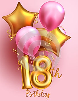 Birthday 18th balloon vector poster design. Happy 18 birthday with gold and pink inflatable balloons