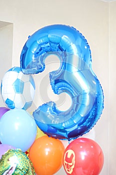 Birthday 3 years., 3 from a blue balloon foil, Elegant blue congratulations on the celebration of the triennial anniversary of