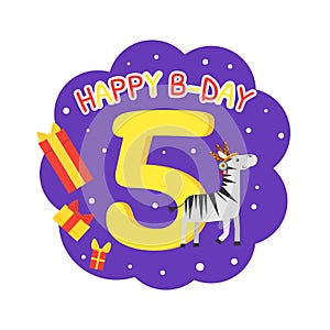Birthday Anniversary Number and Cute Ethnic Patterned Zebra Animal, Card Template for Five Year Old Vector Illustration