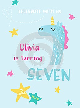 Birthday Baby Cute Card with Unicorn and Number Seven, Invitation Postcard, Flyer, Poster, Greetings Illustration