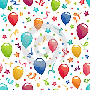 birthday background with balloons, confetti and streamers